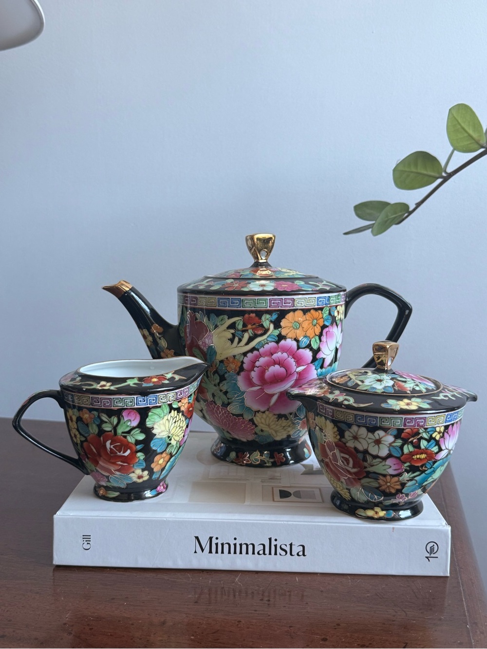 Black Floral Ceramic Teapot Set with Gold Accents - Elegant Home Ceramic Art